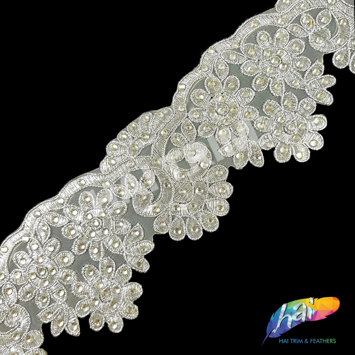 3 Silver Embroidered Metallic Flower Trim with Rhinestones, EMB-060 – Hai  Trim & Feathers