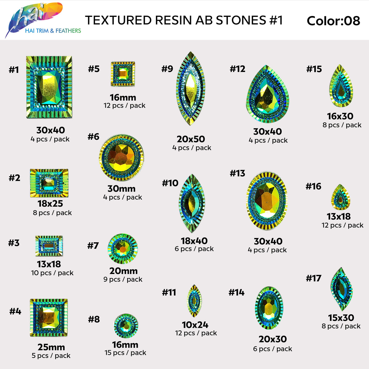 Green AB Resin Stones, DDAB08 – Hai Trim & Feathers