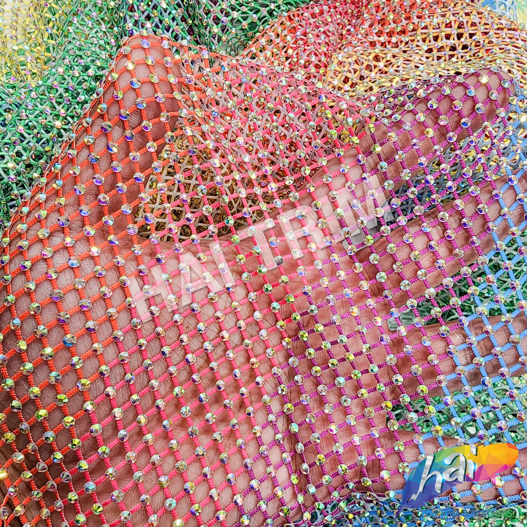 Crystal AB Rhinestones Mesh Fabric Sewing Elastic Trim - Pink