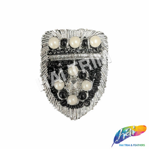 Silver/Black/Ivory Beaded Rhinestone Sequins Crest Applique, BA-187