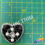 Silver/Black/Ivory Beaded Rhinestone Sequins Heart Applique, BA-188