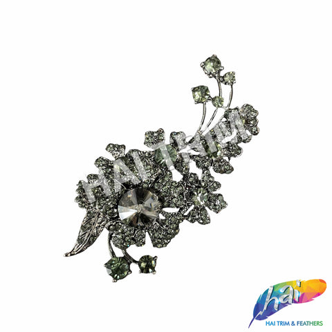 Black Diamond/Green/Gunmetal Flower Rhinestone Brooch, BRS01-056