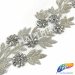 4 1/2" Floral Beaded Rhinestone Embroidered Trim, BRT-060