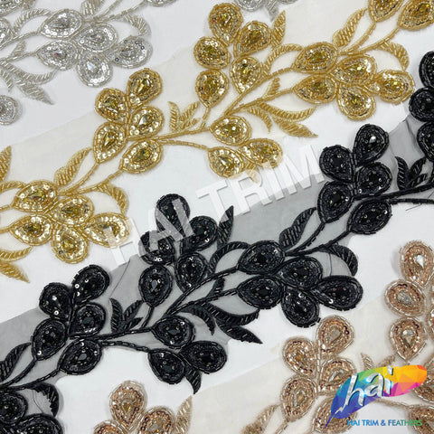 5 1/2" Floral Vine Beaded Sequins Rhinestone Embroidered Trim, BRT-061