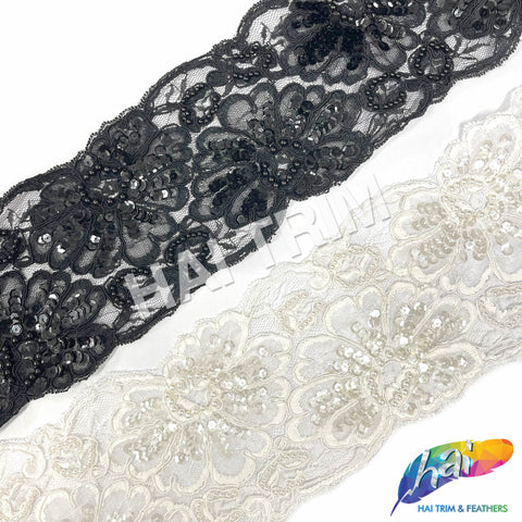 4 1/2" Pearl Sequins Lace Embroidered Trim, EMB-064