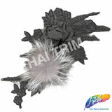 Black/Grey Embroidered Flower Applique with Mink Fur, EMBF-009