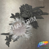 Black/Grey Embroidered Flower Applique with Mink Fur, EMBF-009