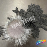 Black/Grey Embroidered Flower Applique with Mink Fur, EMBF-009