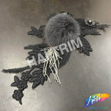 Black/Grey/Silver Beaded Sequins Embroidered Flower Applique with Mink Fur, EMBF-010