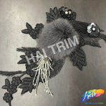 Black/Grey/Silver Beaded Sequins Embroidered Flower Applique with Mink Fur, EMBF-010