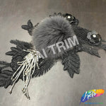 Black/Grey/Silver Beaded Sequins Embroidered Flower Applique with Mink Fur, EMBF-010