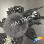 Black/Grey/Silver Beaded Sequins Embroidered Flower Applique with Mink Fur, EMBF-010