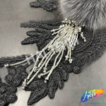 Black/Grey/Silver Beaded Sequins Embroidered Flower Applique with Mink Fur, EMBF-010