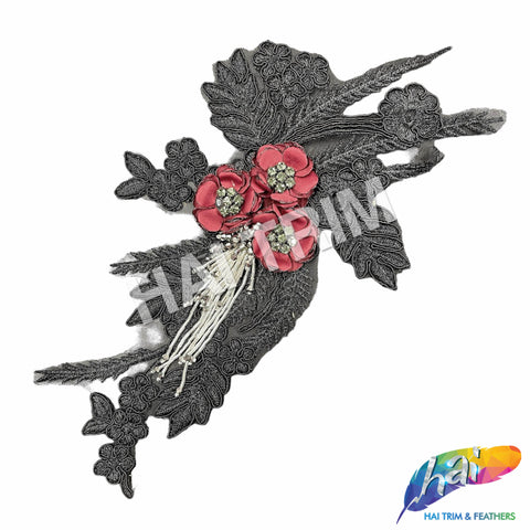 Black/Burgundy/Silver Beaded Rhinestone Embroidered Flower Applique, EMBF-011