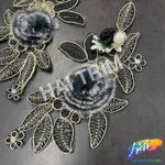 Black/Gold Embroidered Flower Applique with Rabbit Fur (sold by pair), EMBF-013