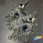 Black/Gold Embroidered Flower Applique with Rabbit Fur (sold by pair), EMBF-013