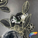 Black/Gold Embroidered Flower Applique with Rabbit Fur (sold by pair), EMBF-013