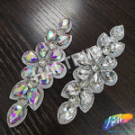 Crystal Silver Flower Motif Rhinestone Iron On Applique, IA-068