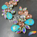 Peach/Aqua/Crystal AB Motif Rhinestone Iron On Applique (sold by pair), IRA-178