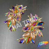 Champagne/Gold/Multicolor Motif Rhinestone Iron On Applique (sold by pair), IRA-179