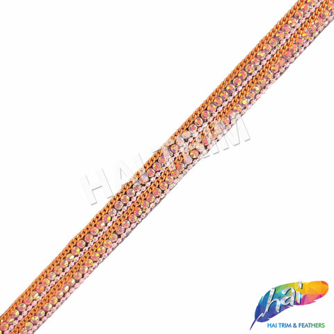 3/8" Peach Orange/Pink AB Rhinestone Chain Iron on Trim, IRT-115-1