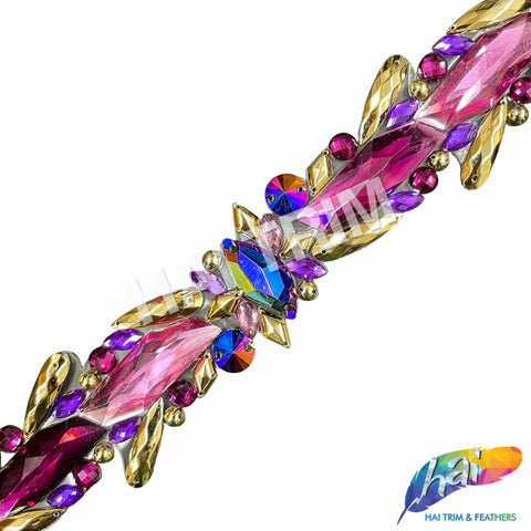 1 3/4" Pink/Plum/Gold Multicolor Resin Stone Iron On Trim, IRT-209