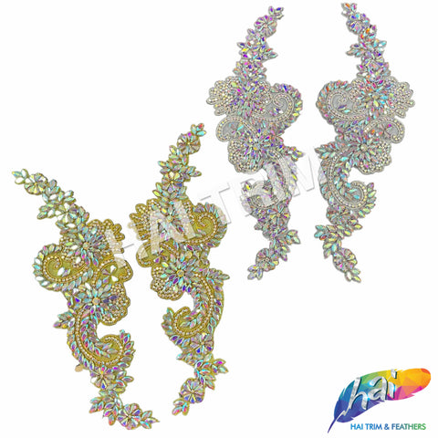 Beaded Rhinestone Motif Applique (Sold by Pair), RA-303