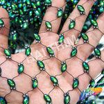 Black Fishnet Mesh Trim with Colored Acrylic Cateye Stones