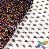 Black Fishnet Mesh Trim with Colored Acrylic Cateye Stones