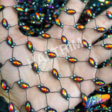 Black Fishnet Mesh Trim with Colored Acrylic Cateye Stones