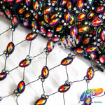 Black Fishnet Mesh Trim with Colored Acrylic Cateye Stones