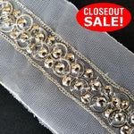 CLOSEOUT! 5 yards Matt Silver / Gunmetal Stones and Silver / Gunmetal Chain Edge Trim , COT-038