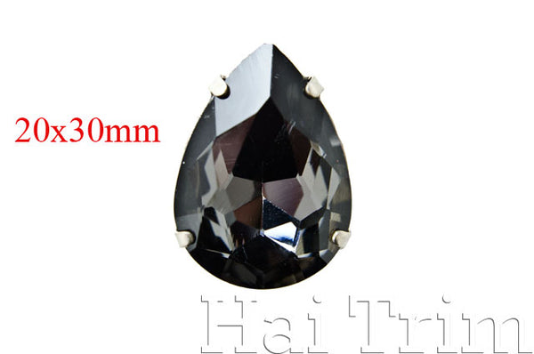 20x30mm Black Diamond Teardrop Sew-on Rhinestones w/ Metal Setting